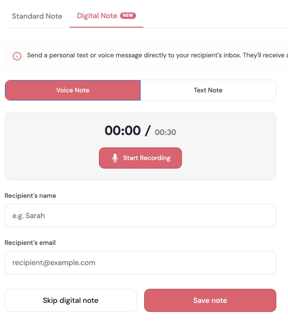 BuyFlowers voice note checkout screen